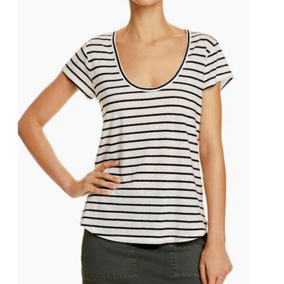 Theory Black & White Stripe Linen Scoop Neck T-Shirt Size Large - Picture 2 of 9